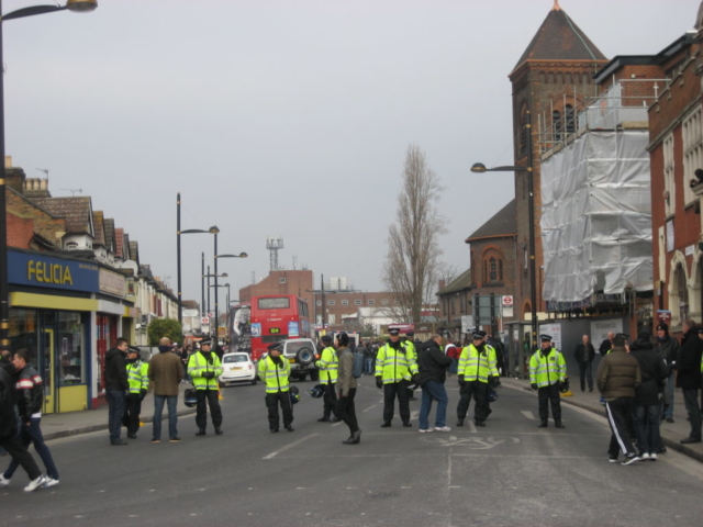 Police lining Green Street before the match